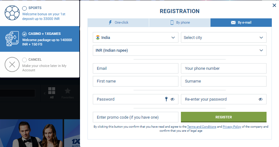 A registration page for 1xbet casino login