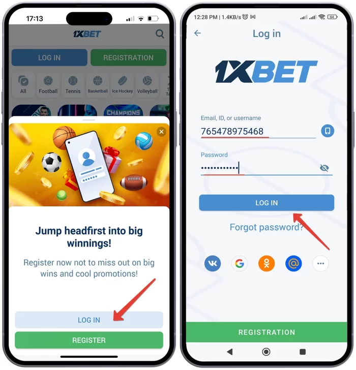 mobile login screens for 1xbet casino login